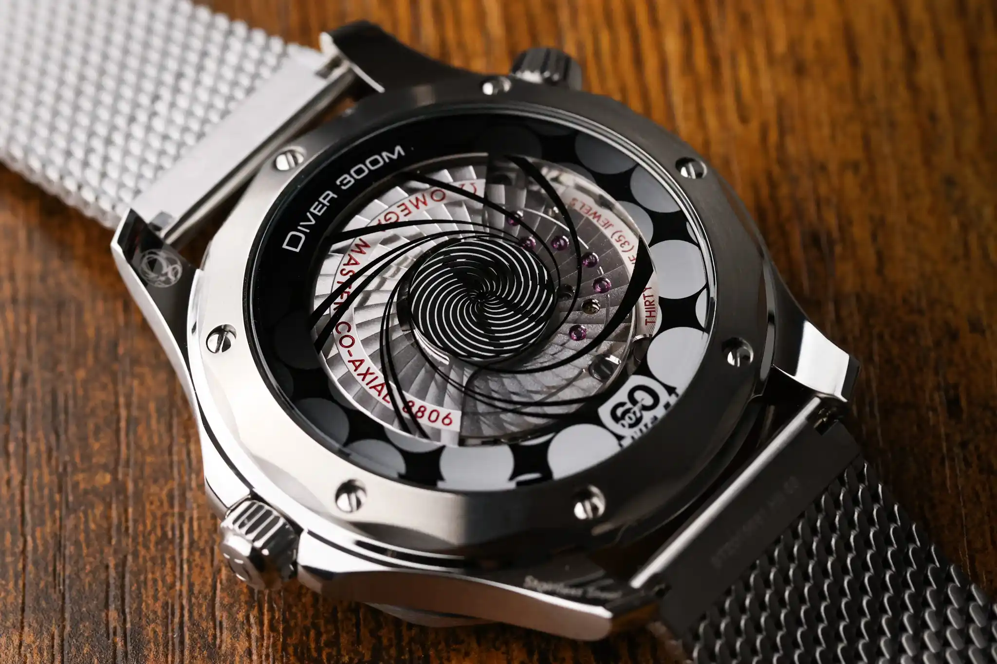 Rear view of Omega Seamaster James Bond 60th Anniversary with animated Bond caseback