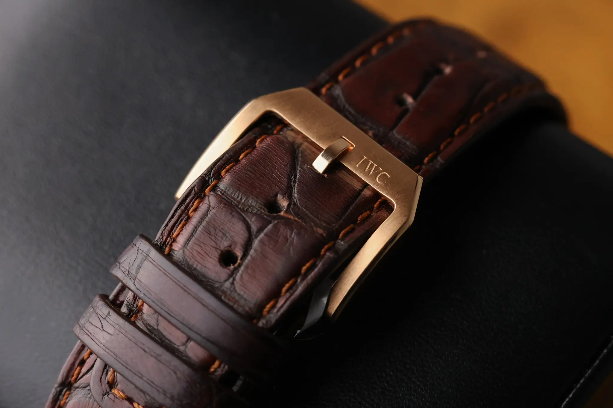Rose gold pin buckle and brown alligator strap of IWC Portugieser Chronograph