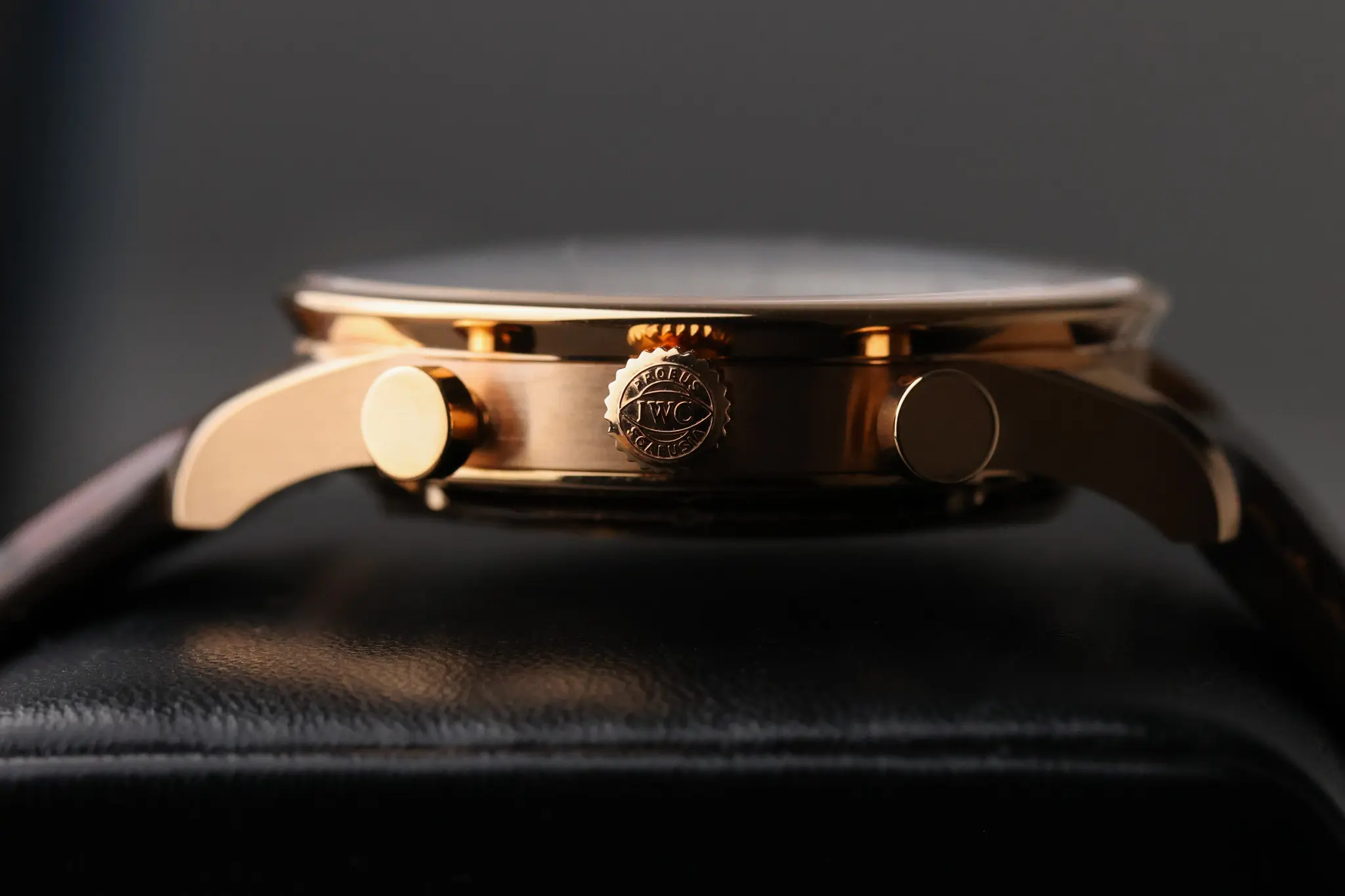 Side profile of IWC Portugieser Chronograph 18K rose gold case