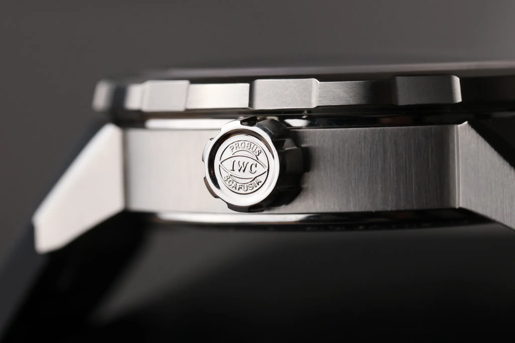Side profile of the IWC Aquatimer ZSC Lions case showing crown and brushed steel finish