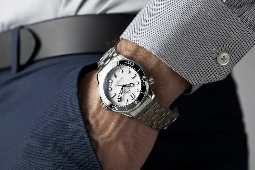 omega seamaster dress watch on the wrist