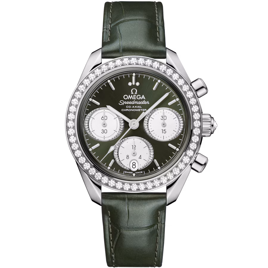Omega Speedmaster 38m green dial paired with diamond-set