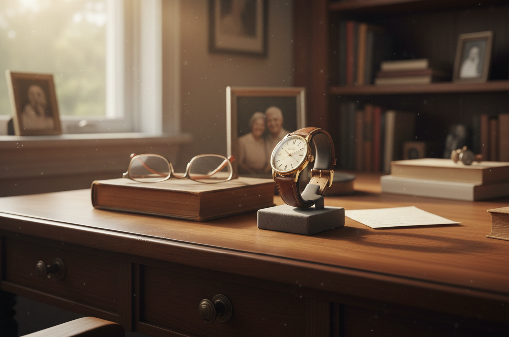 watch on office desk in soft sunlight