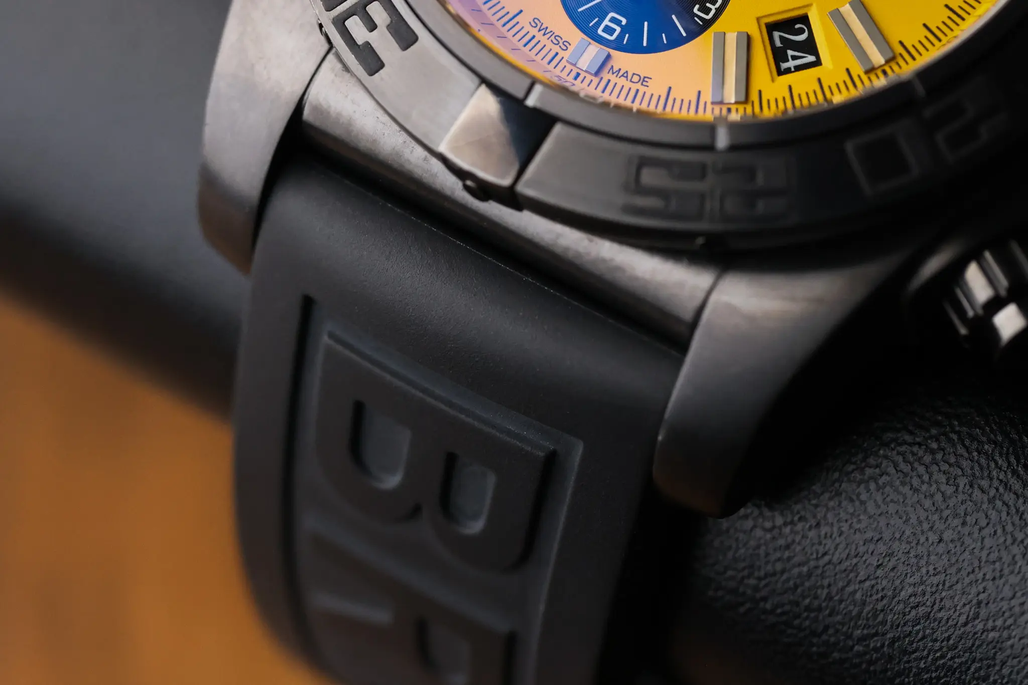 Breitling Chronomat Blacksteel rubber strap attached to DLC-coated case