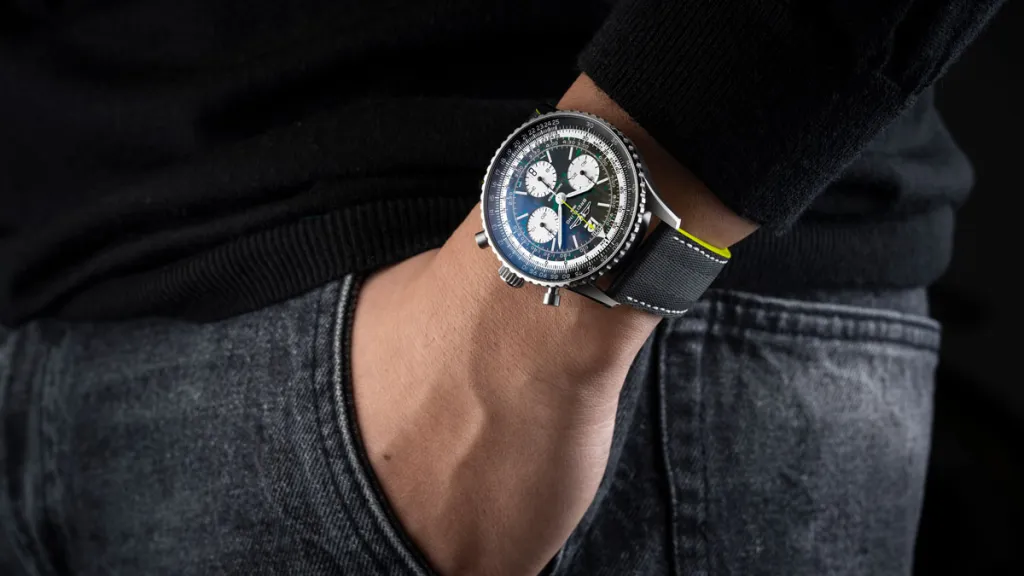 Navitimer B01 Chronograph 43 Aston Martin Aramco Formula ONE on the wrist shot