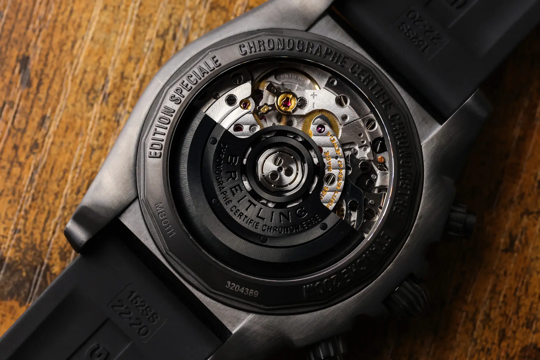 Caseback view showing the Breitling B01 automatic movement through the exhibition back
