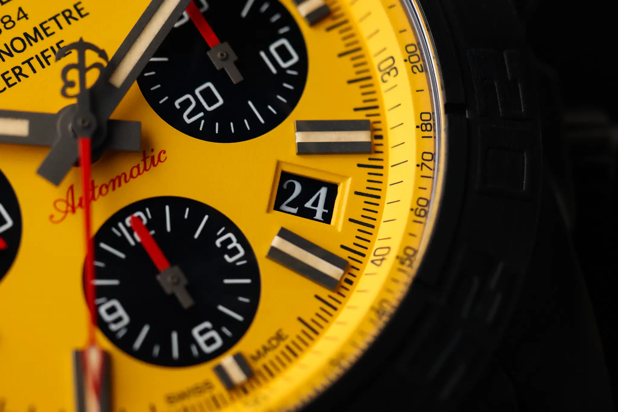 Detail view of Breitling Chronomat Blacksteel subdials and chronograph counters