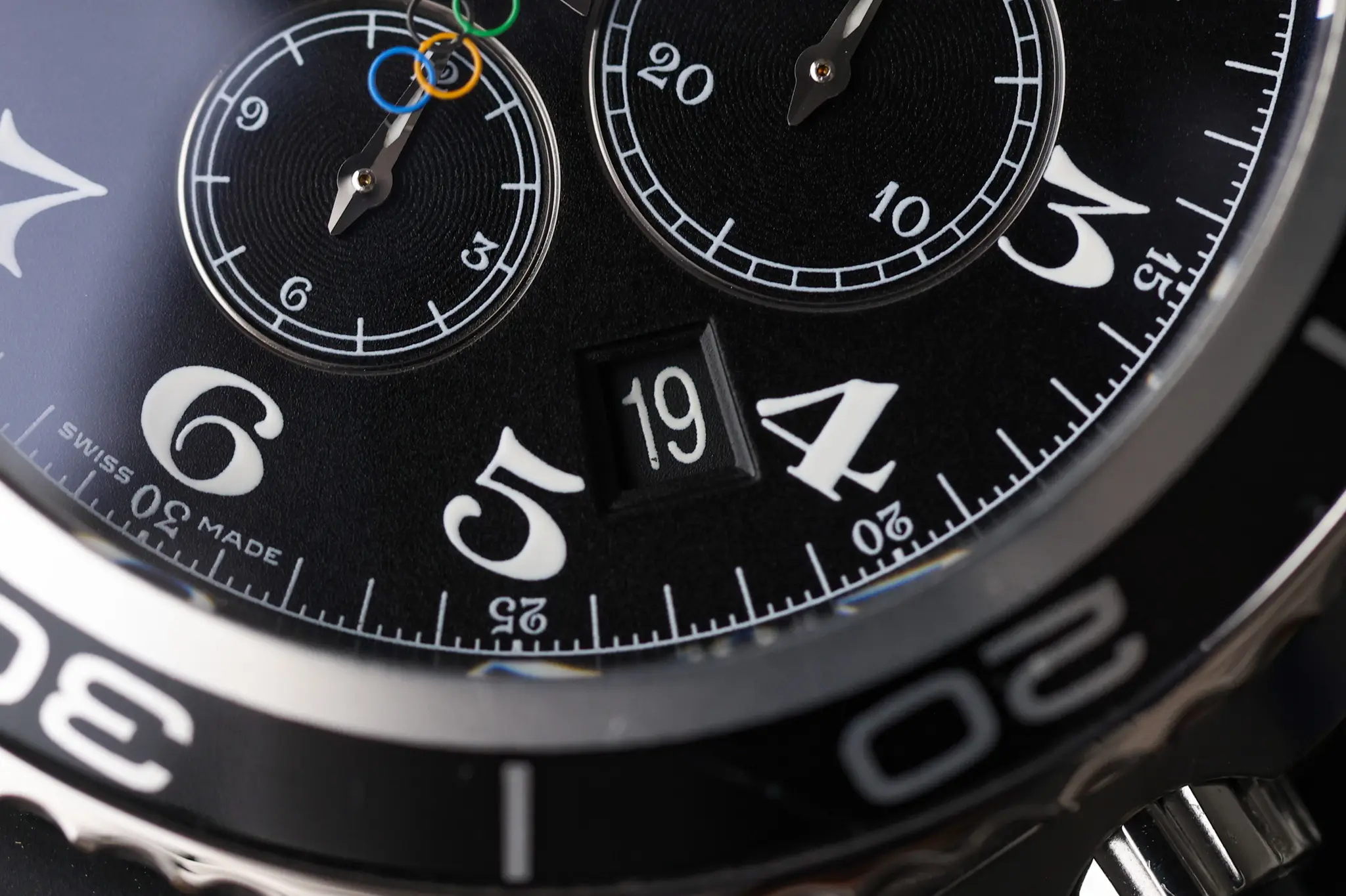 Detailed shot of Omega Olympic Seamaster chronograph dial with Arabic numerals and luminous markers