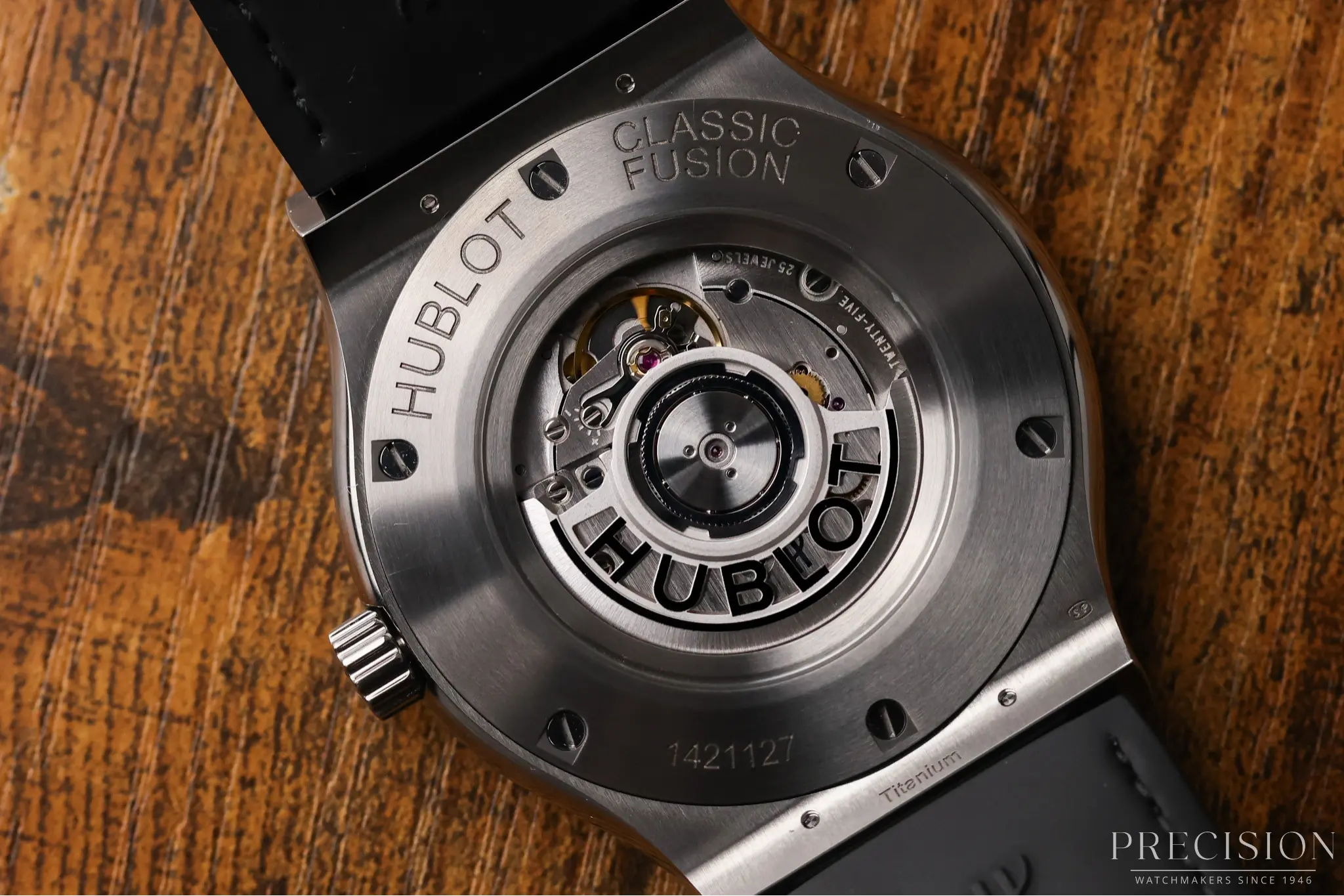 Hublot Classic Fusion 45mm exhibition caseback showing HUB1112 automatic movement rotor