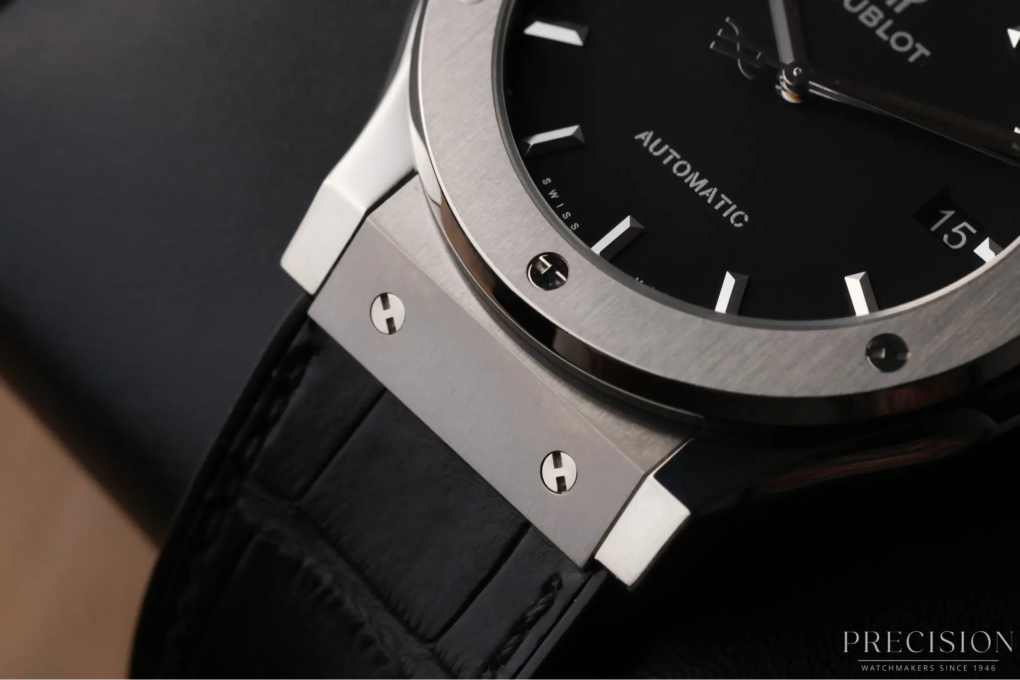 Hublot Classic Fusion 45mm titanium case side profile with black rubber strap