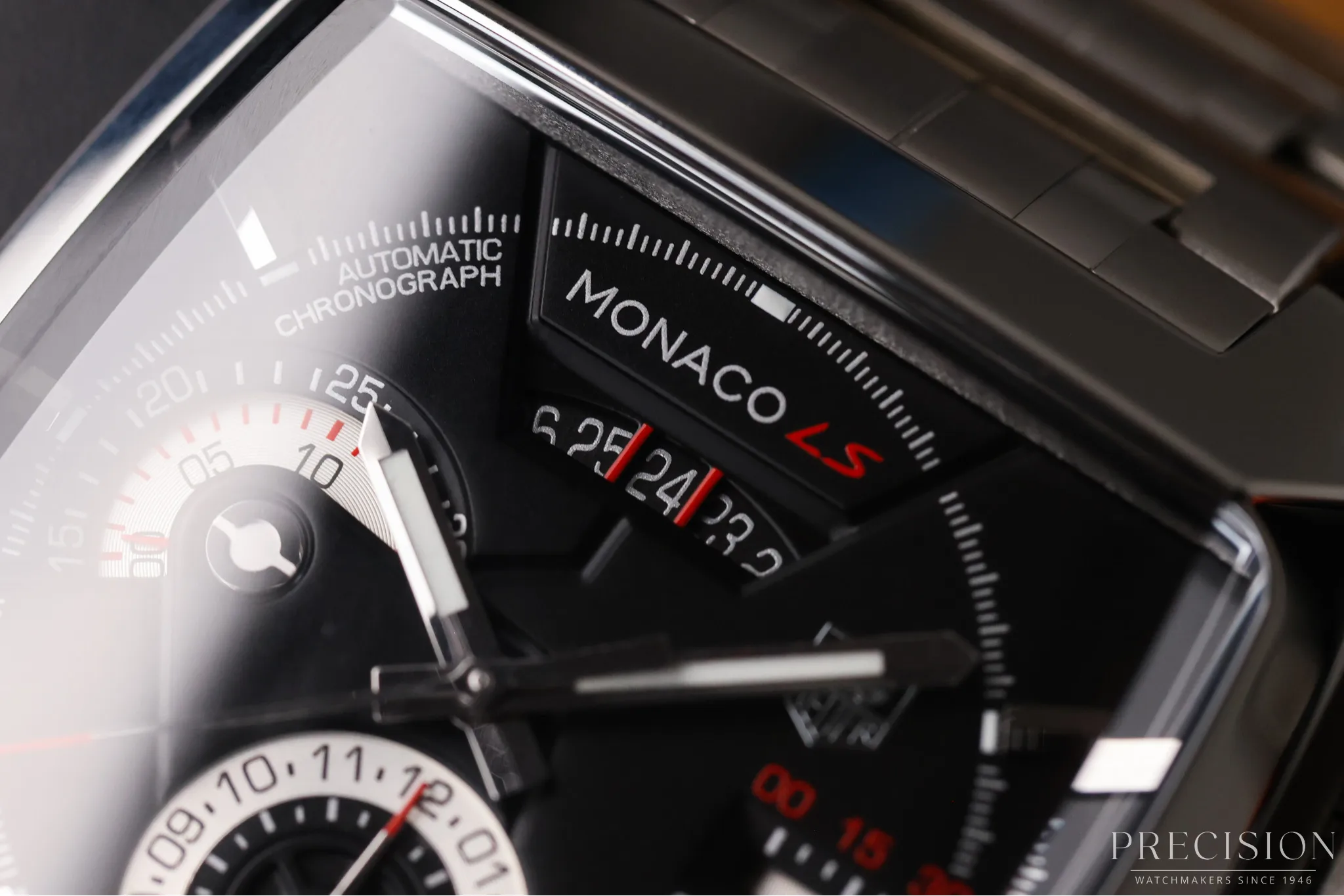 Macro view of TAG Heuer Monaco LS chronograph dial showing subdials and applied markers