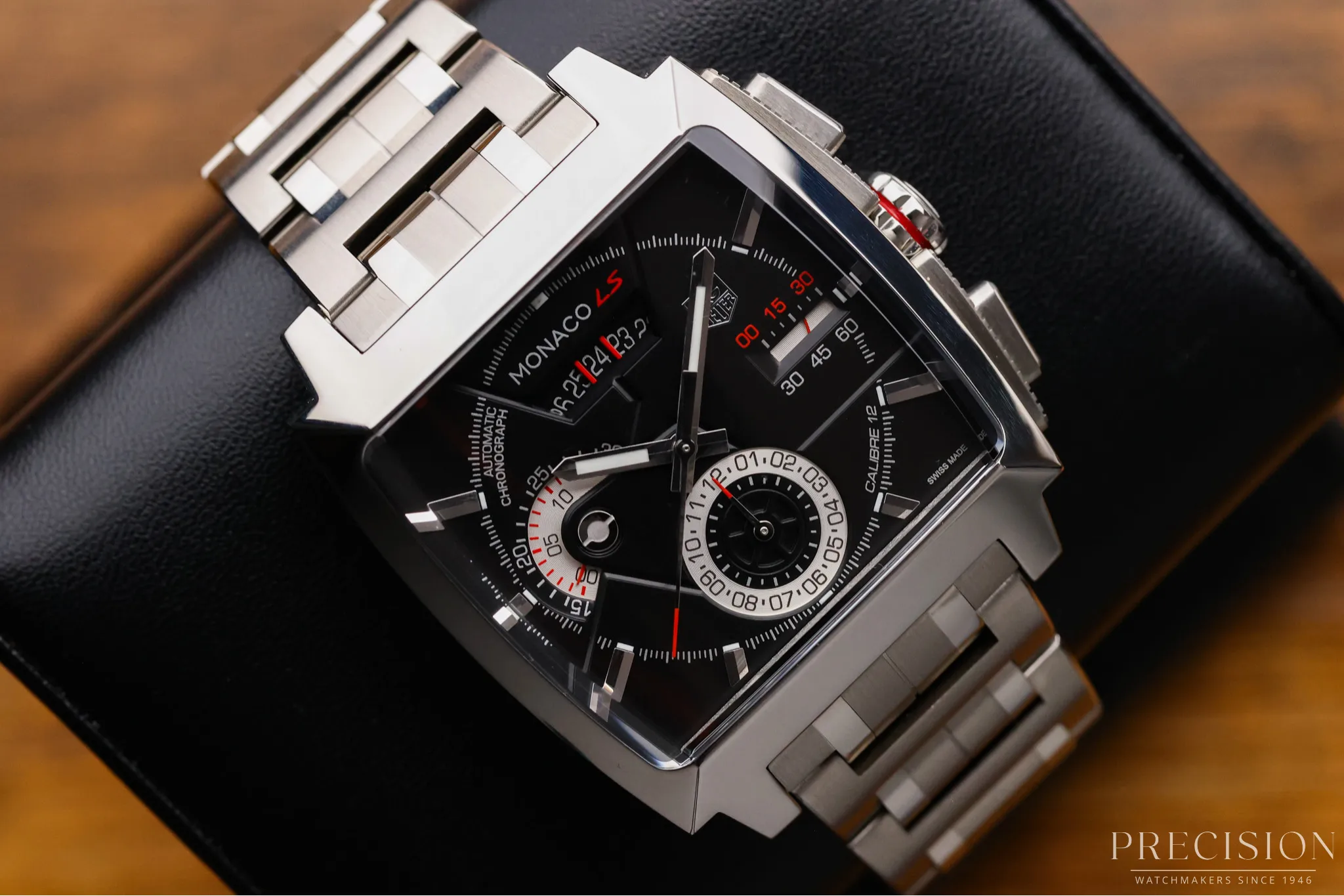 TAG Heuer Monaco LS Chronograph 40.5mm stainless steel case on bracelet, angled view