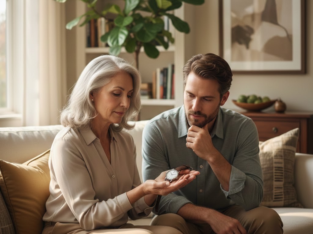 Examining watch with family member