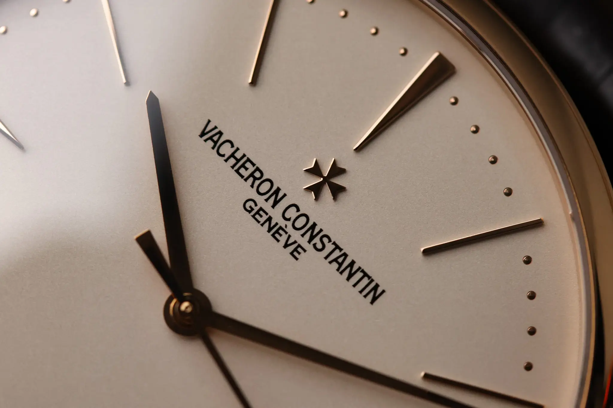 Close-up of Vacheron Constantin Patrimony silver dial with slim rose gold index markers