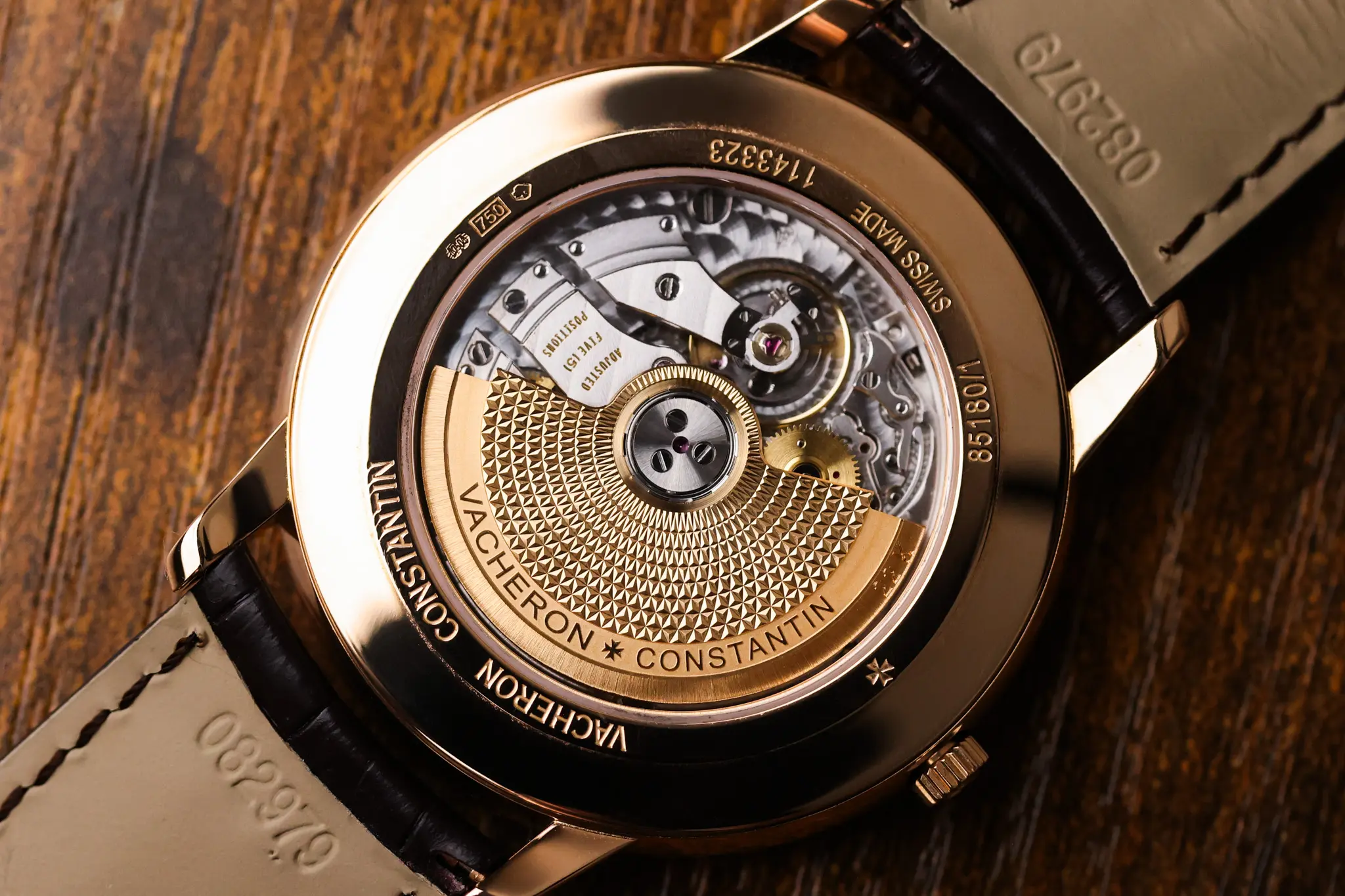 Exhibition caseback of Vacheron Constantin Patrimony showing automatic movement and rotor finishing