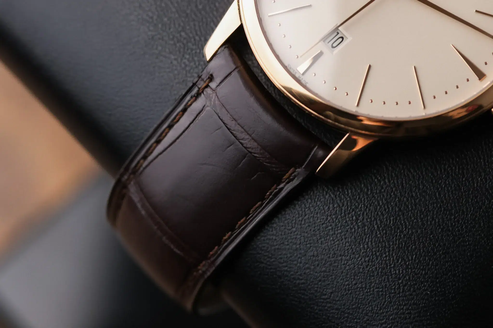Vacheron Constantin Patrimony rose gold case and brown alligator strap side angle view