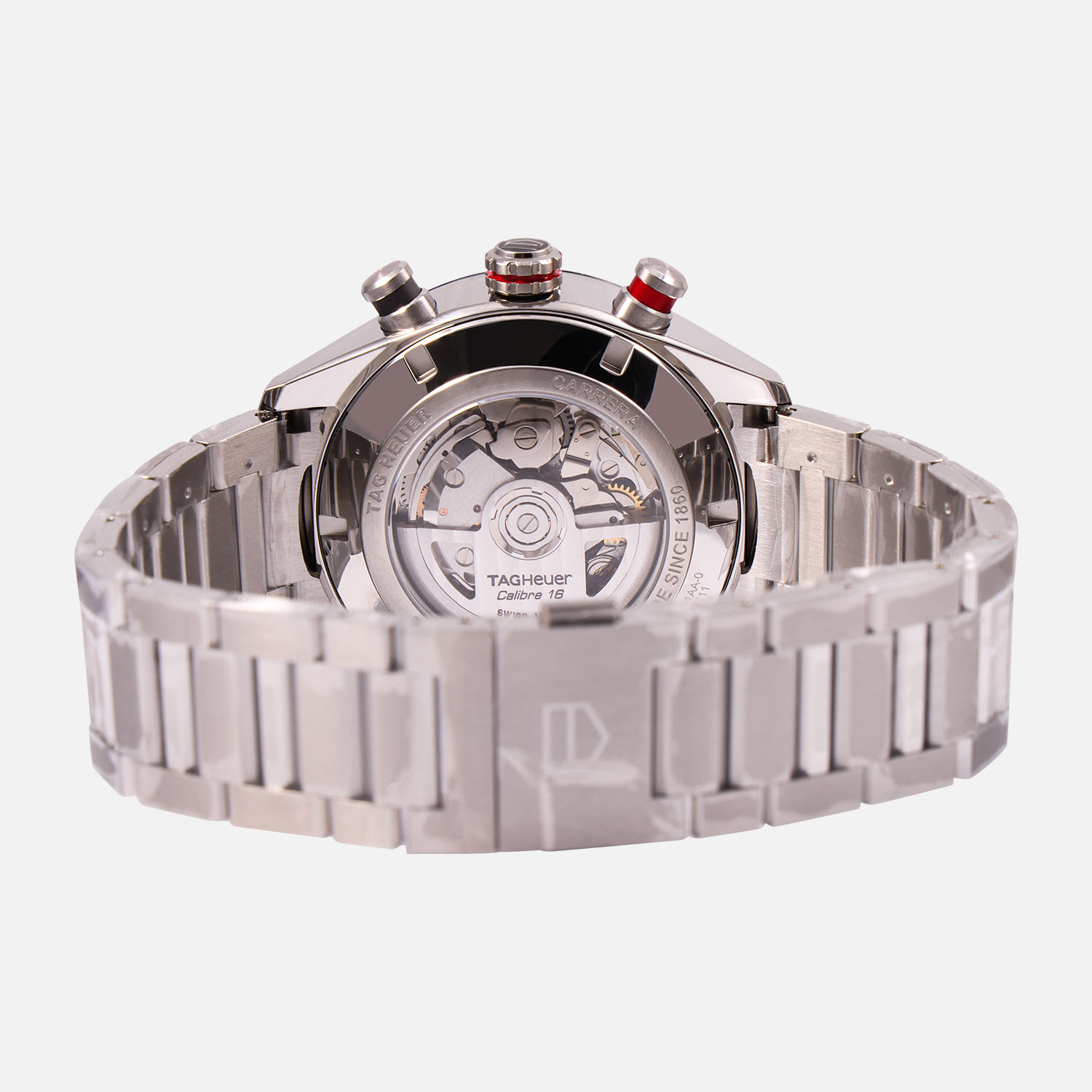 Caseback view of a pre-owned TAG Heuer Carrera Chronograph 44mm (Ref. CBN2A1AABA0643) in stainless steel featuring a black dial with triple chronograph registers, day-date window, and a steel bracelet.