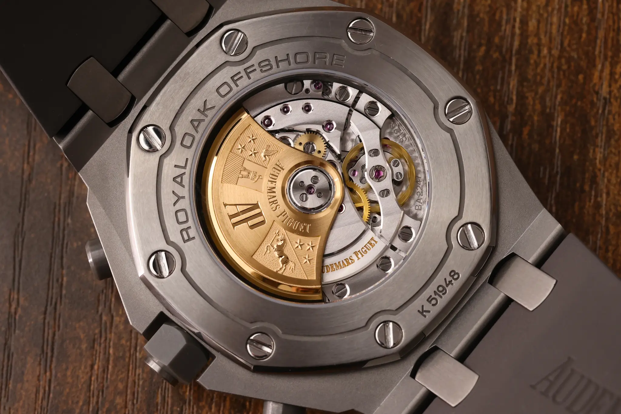 AP Caliber 3126/3840 visible through Royal Oak Offshore Ghost 26470IO sapphire caseback