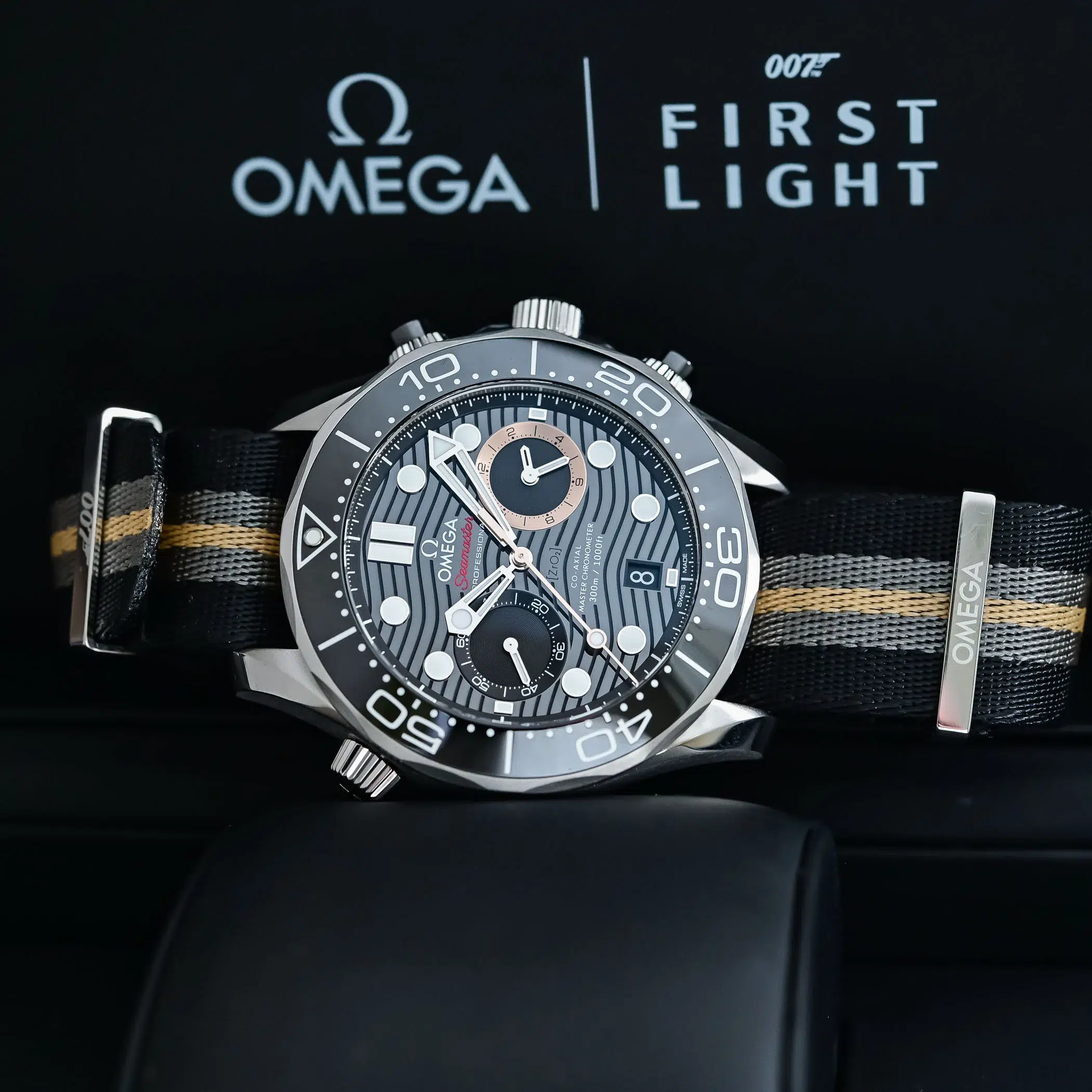 Omega Seamaster 007 on its side lifestyle shot