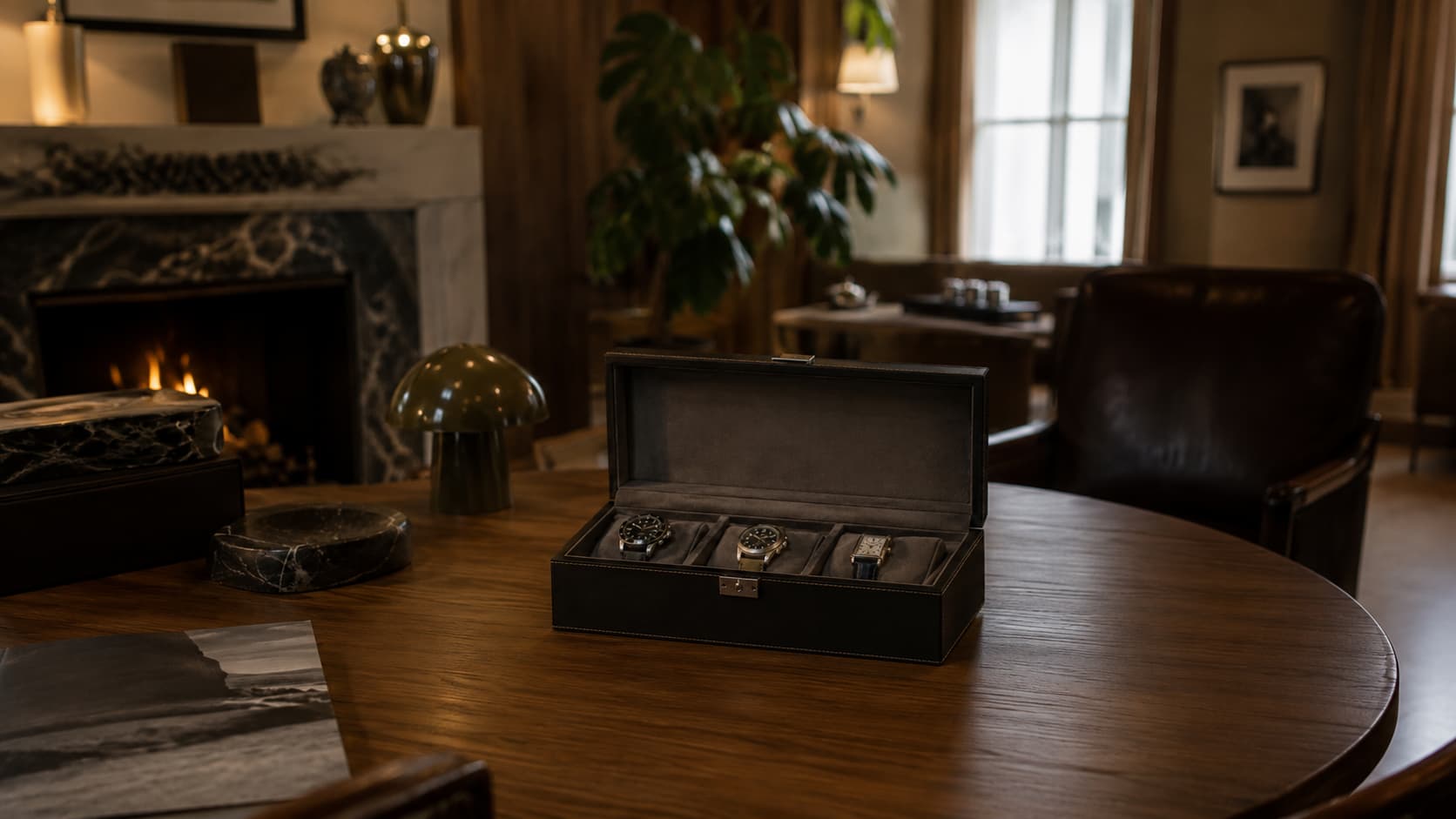 Watch box with 3 watches lifestyle shot