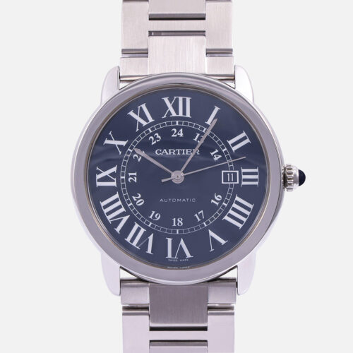 Front view of a pre-owned Cartier Ronde Solo de Cartier XL (Ref. WSRN0023) in stainless steel, showcasing its 42mm round case, deep blue dial with white radial Roman numerals, inner 24-hour scale, and matching integrated steel bracelet.