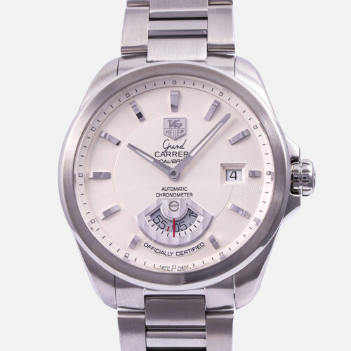 Front view of a pre-owned TAG Heuer Grand Carrera Calibre 6 RS 40mm (Ref. WAV511B) in stainless steel, showcasing its silver guilloche dial, faceted hour markers, date window at 3 o'clock, unique dashboard-inspired rotating seconds disc at 6 o'clock, and a premium leather strap