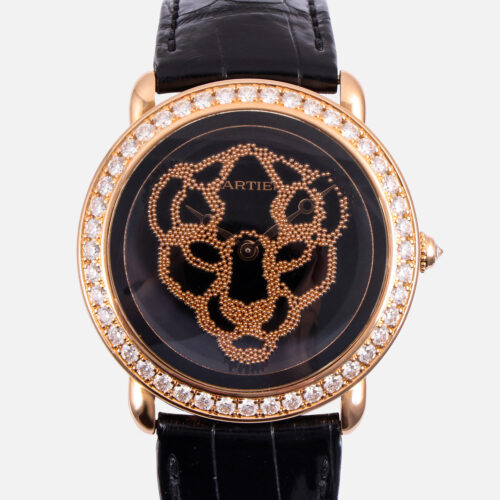 Front view of a pre-owned Cartier Révélation d'une Panthère 37mm (Ref. HPI01259) in 18k rose gold with a factory diamond bezel, displaying its black lacquer dial with miniature moving gold beads forming the shape of a panther head, and a black alligator leather strap.