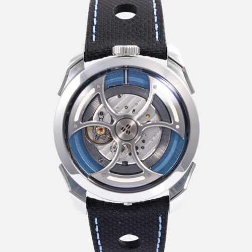 Front view of a pre-owned M.A.D. Editions by MB&F M.A.D.1 Blue 42mm, showcasing its top-mounted, kinetic triple-blade titanium and tungsten winding rotor with Super-LumiNova highlights beneath a sapphire crystal, a stainless steel case, and its lateral hour and minute cylinder displays.