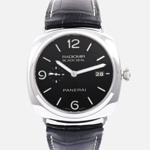 Front view of a pre-owned Panerai Radiomir Black Seal 3 Days Automatic 45mm (Ref. PAM00388) in polished stainless steel, featuring its black sandwich dial, small seconds at 9 o'clock, date at 3 o'clock, wire loop strap lugs, and black alligator leather strap.