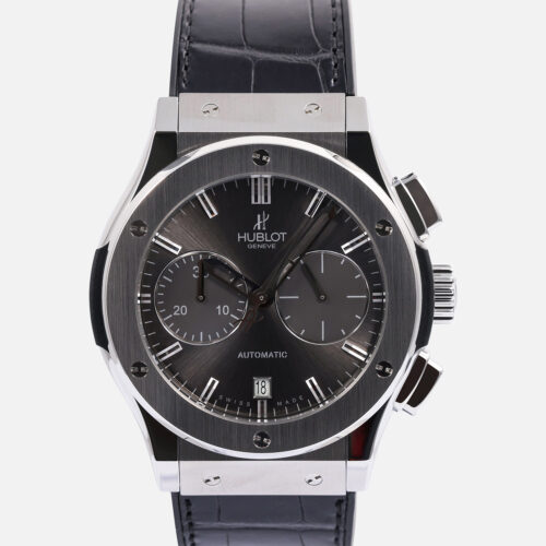 Front view of a pre-owned Hublot Classic Fusion Chronograph Titanium Racing Grey 45mm (Ref. 521.NX.7070.LR) featuring a satin-finished titanium case, racing grey sunray dial, twin sub-dials, date window at 6 o'clock, and a grey alligator leather strap backed with black rubber.