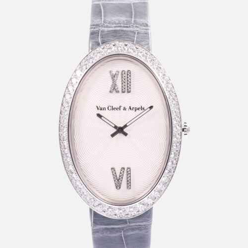 Van Cleef & Arpels Timeless XL VCARN9VC00 white gold watch with diamond bezel and Roman numeral dial on blue leather strap