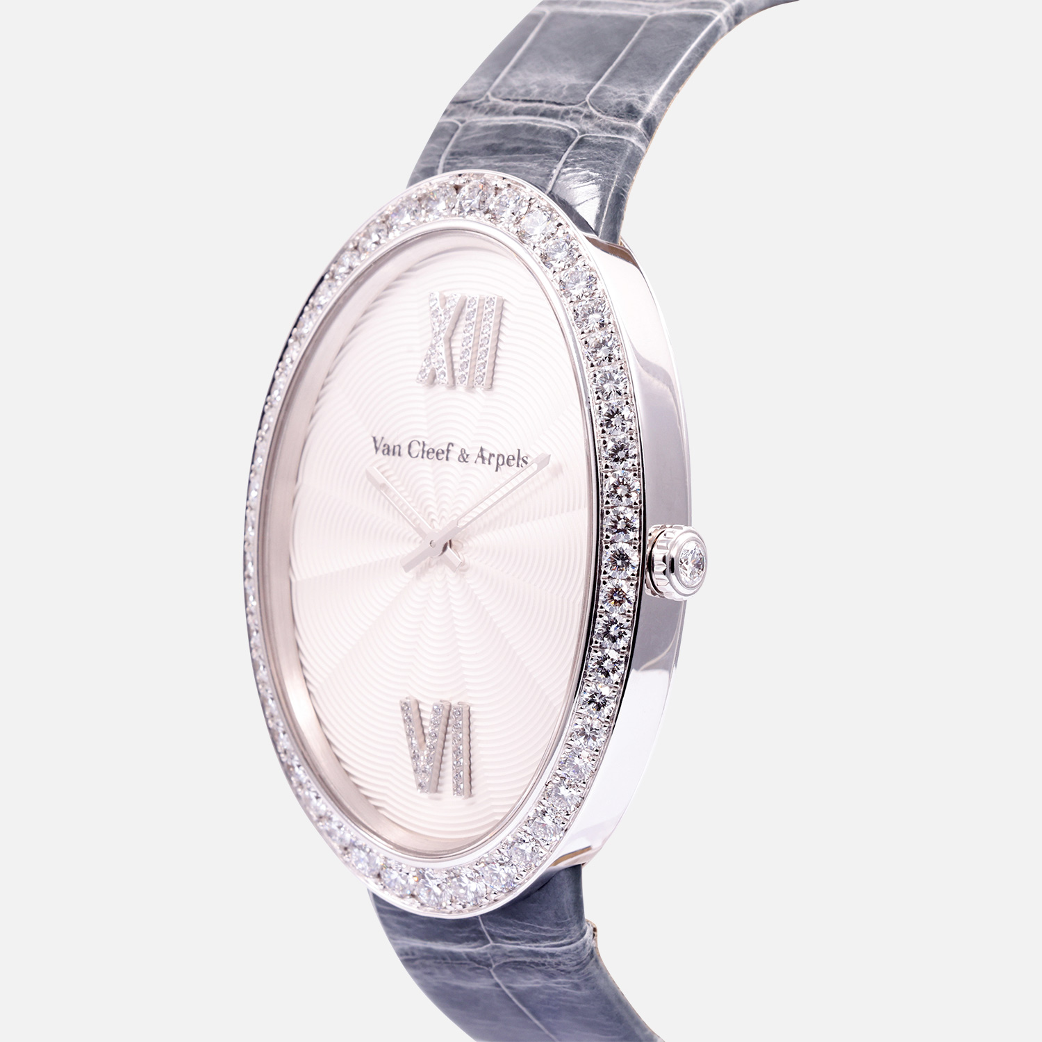 Side angle of Van Cleef & Arpels Timeless XL VCARN9VC00 showing diamond-set bezel profile and case thickness