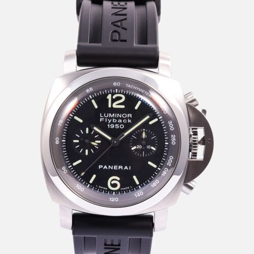 Front view of a pre-owned Panerai Luminor 1950 Flyback Chronograph 44mm (Ref. PAM00212) in stainless steel, displaying its black dial, bi-compax sub-dials, inner tachymeter scale, domed sapphire crystal, trademark crown guard, and black leather strap.