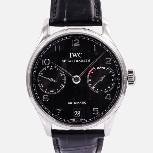 Front view of a pre-owned IWC Portugieser Automatic 42mm (Ref. IW500109) in stainless steel, showcasing its black dial, silver applied Arabic numerals, power reserve indicator at 3 o'clock, small seconds at 9 o'clock, date at 6 o'clock, and black alligator leather strap.