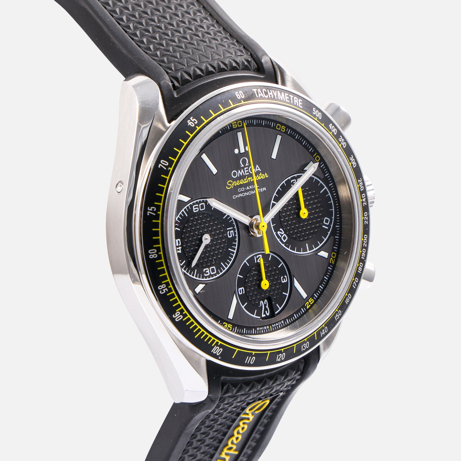 Black textured rubber strap on the Omega Speedmaster Racing, side view of the steel buckle