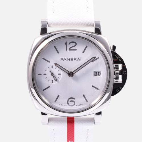 Front view of a pre-owned Panerai Luminor Due Luna Rossa 38mm (Ref. PAM01306) in polished stainless steel, showcasing its matte white dial, small seconds with red hand at 9 o'clock, date at 3 o'clock, trademark crown guard, and white leather strap with red Luna Rossa accent stitching.