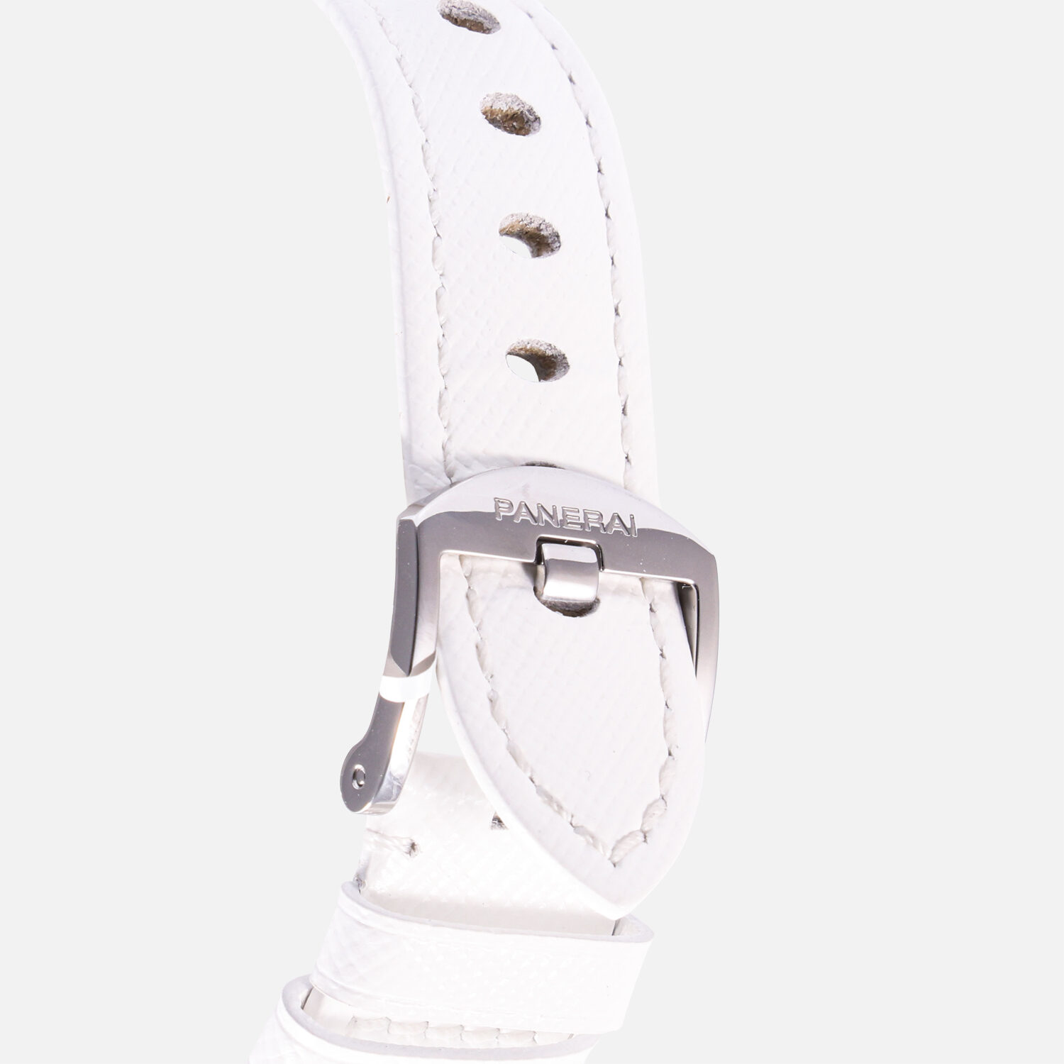 Buckle view of a pre-owned Panerai Luminor Due Luna Rossa 38mm (Ref. PAM01306) in polished stainless steel, showcasing its matte white dial, small seconds with red hand at 9 o'clock, date at 3 o'clock, trademark crown guard, and white leather strap with red Luna Rossa accent stitching.