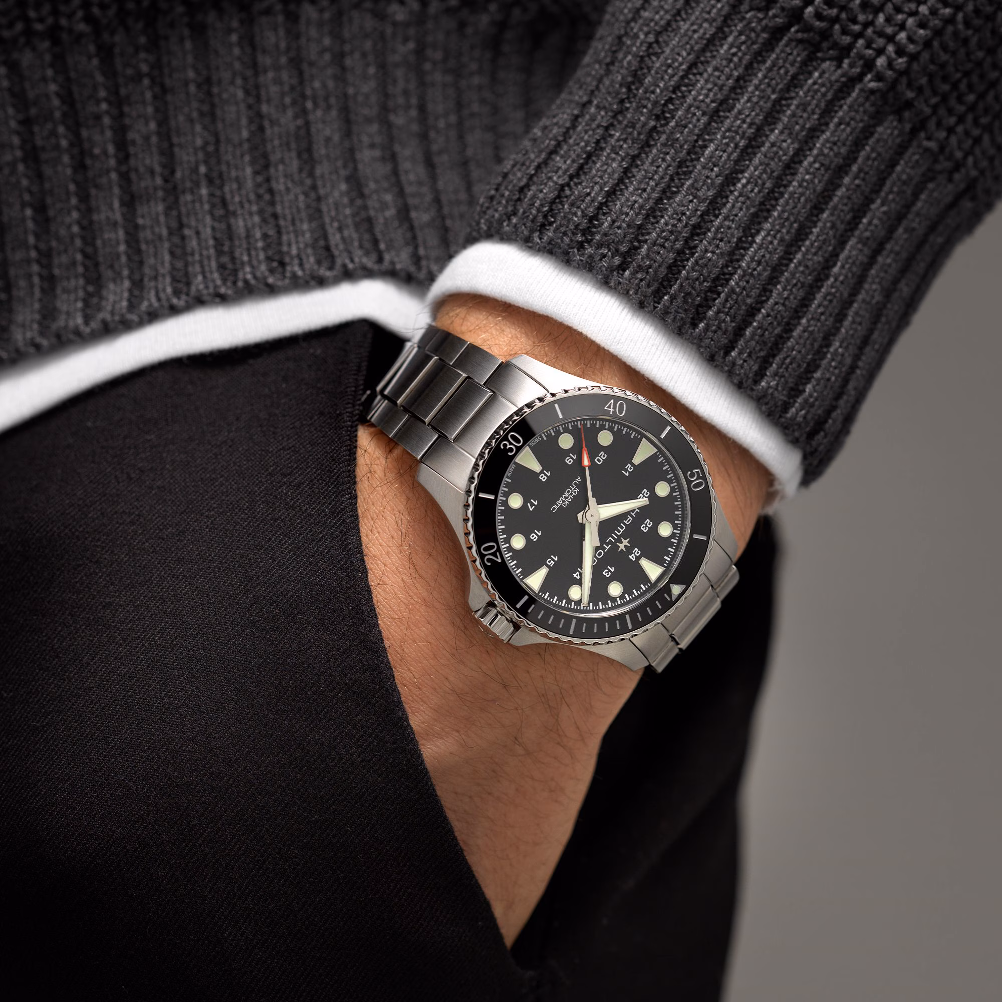 Khaki Navy Scuba Auto Automatic 43mm H82515130 on the wrist
