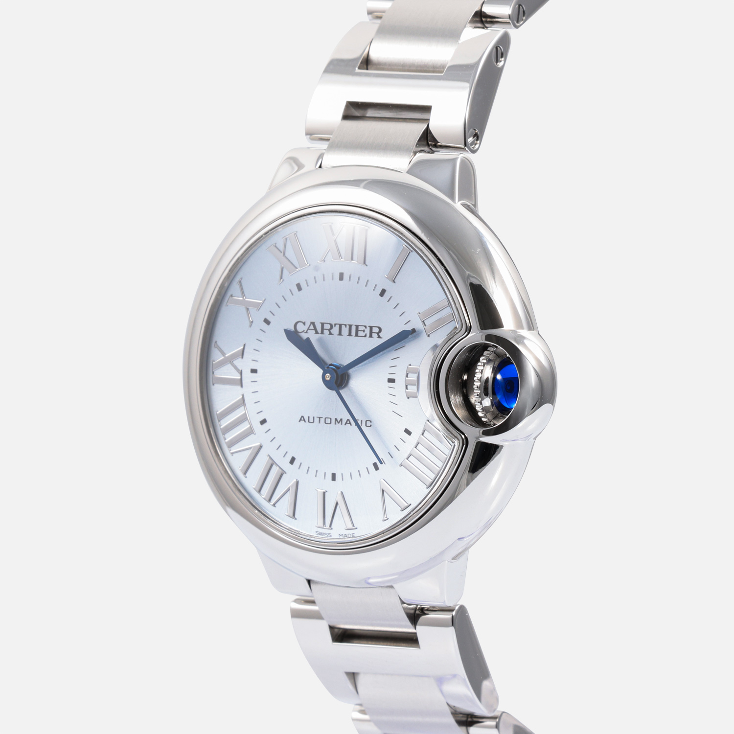 Angled view of the Cartier Ballon Bleu 33mm crown guard and blue spinel cabochon crown