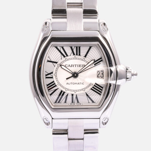 Front view of a pre-owned Cartier Roadster Large Model (Ref. W62025V3) in stainless steel, featuring its tonneau-shaped case, silver dial with black Roman numerals, windshield-style