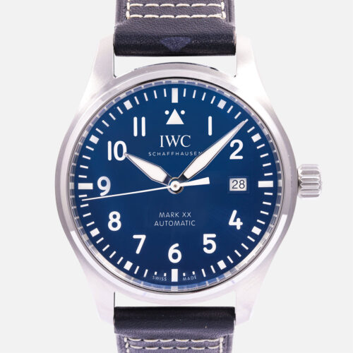 Front view of a pre-owned IWC Pilot’s Watch Mark XX 40mm (Ref. IW328203) in stainless steel, showcasing its vibrant blue sunray dial, white Arabic numerals, date window at 3 o'clock, an