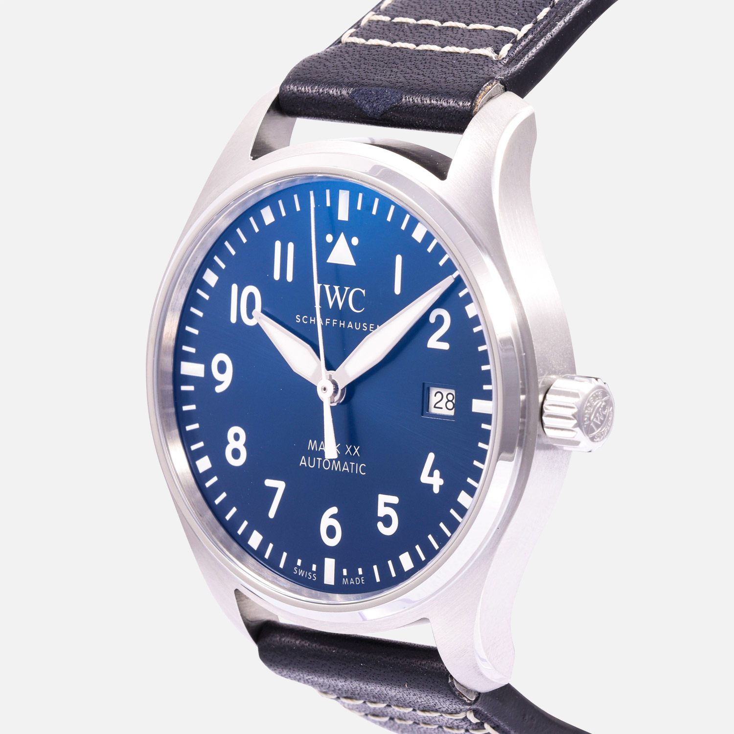 crown view of a pre-owned IWC Pilot’s Watch Mark XX 40mm (Ref. IW328203) in stainless steel, showcasing its vibrant blue sunray dial, white Arabic numerals, date window at 3 o'clock, an