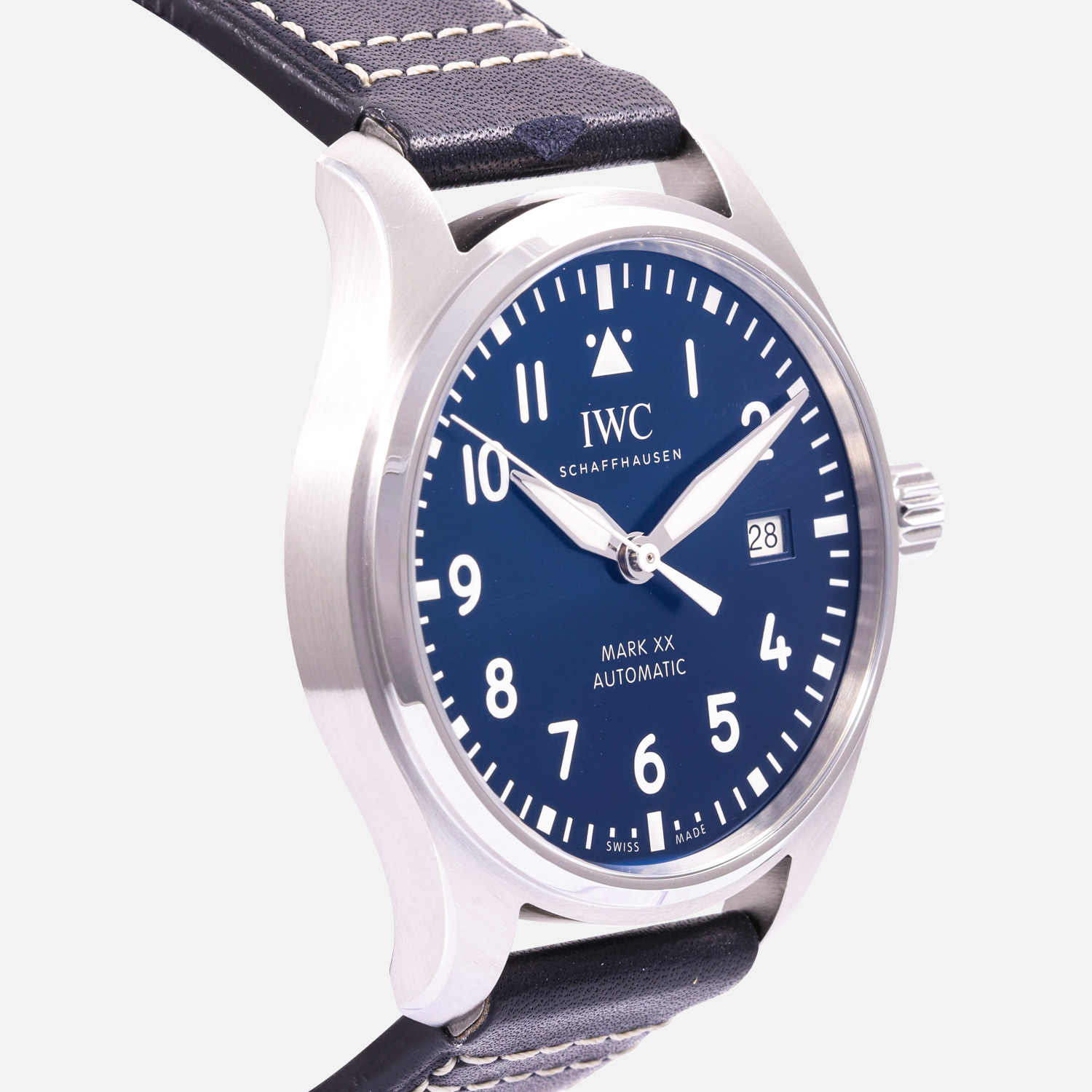 side view of a pre-owned IWC Pilot’s Watch Mark XX 40mm (Ref. IW328203) in stainless steel, showcasing its vibrant blue sunray dial, white Arabic numerals, date window at 3 o'clock, an