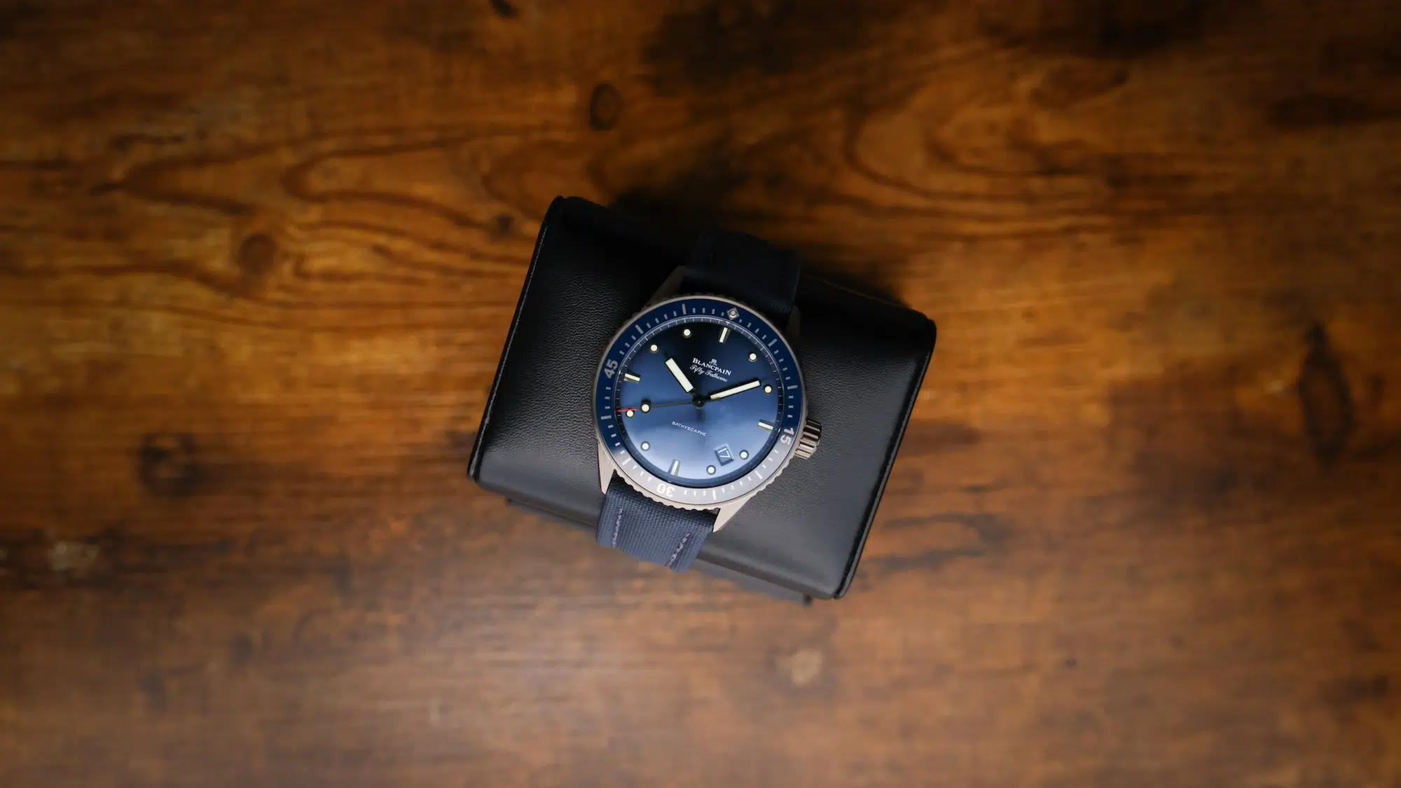 Blancpain Fifty Fathoms Bathyscaphe 43MM Ceramic on display cushion