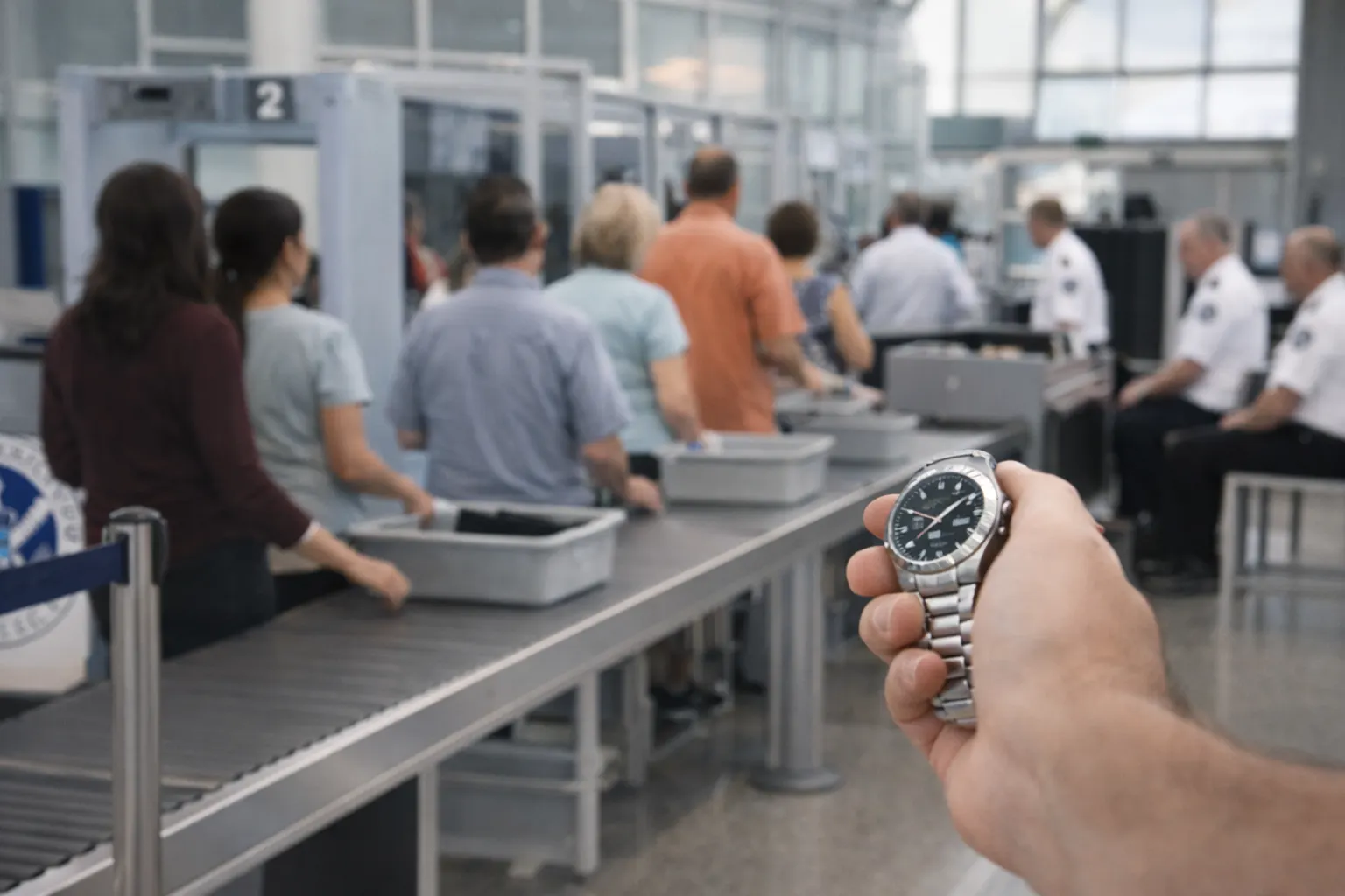 Holding luxury watch in front of TSA line