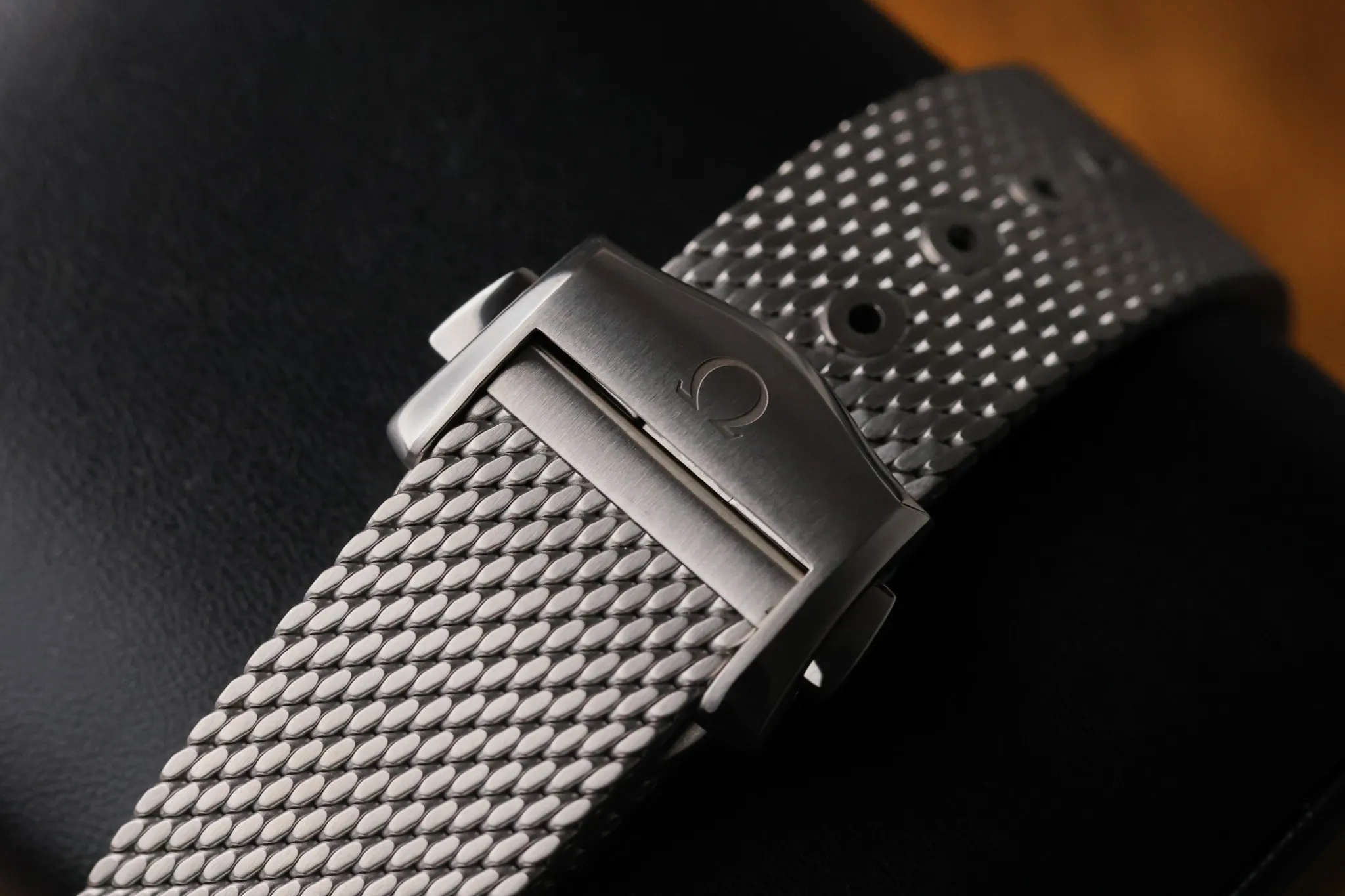 Clasp detail of Omega Seamaster stainless steel mesh bracelet