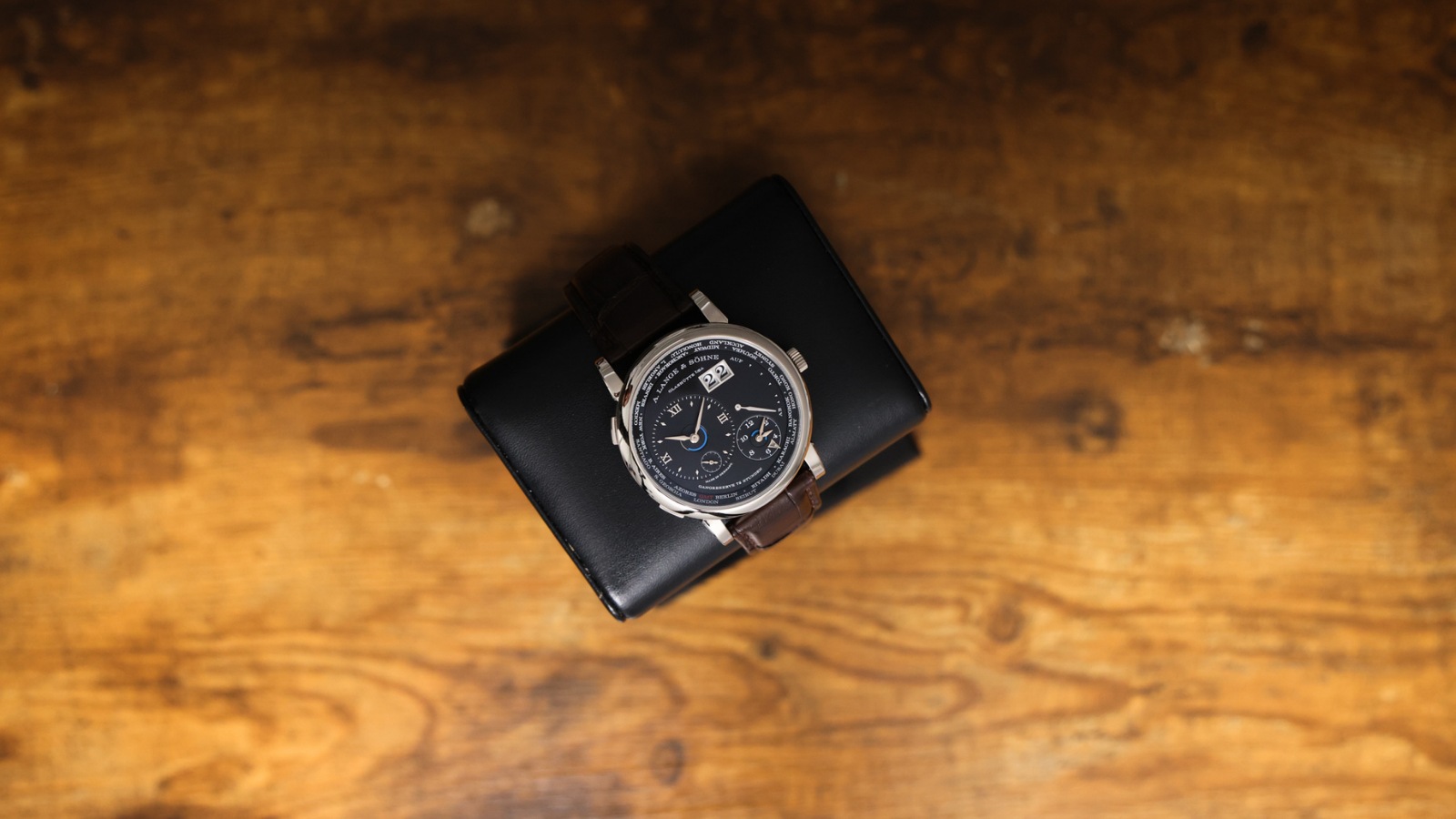 Macro view of the A. Lange & Söhne Lange 1 Time Zone dial with Roman numerals