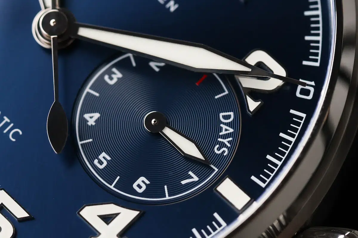 Detail view of the power reserve indicator and subdial on the IWC Big Pilot Le Petit Prince watch