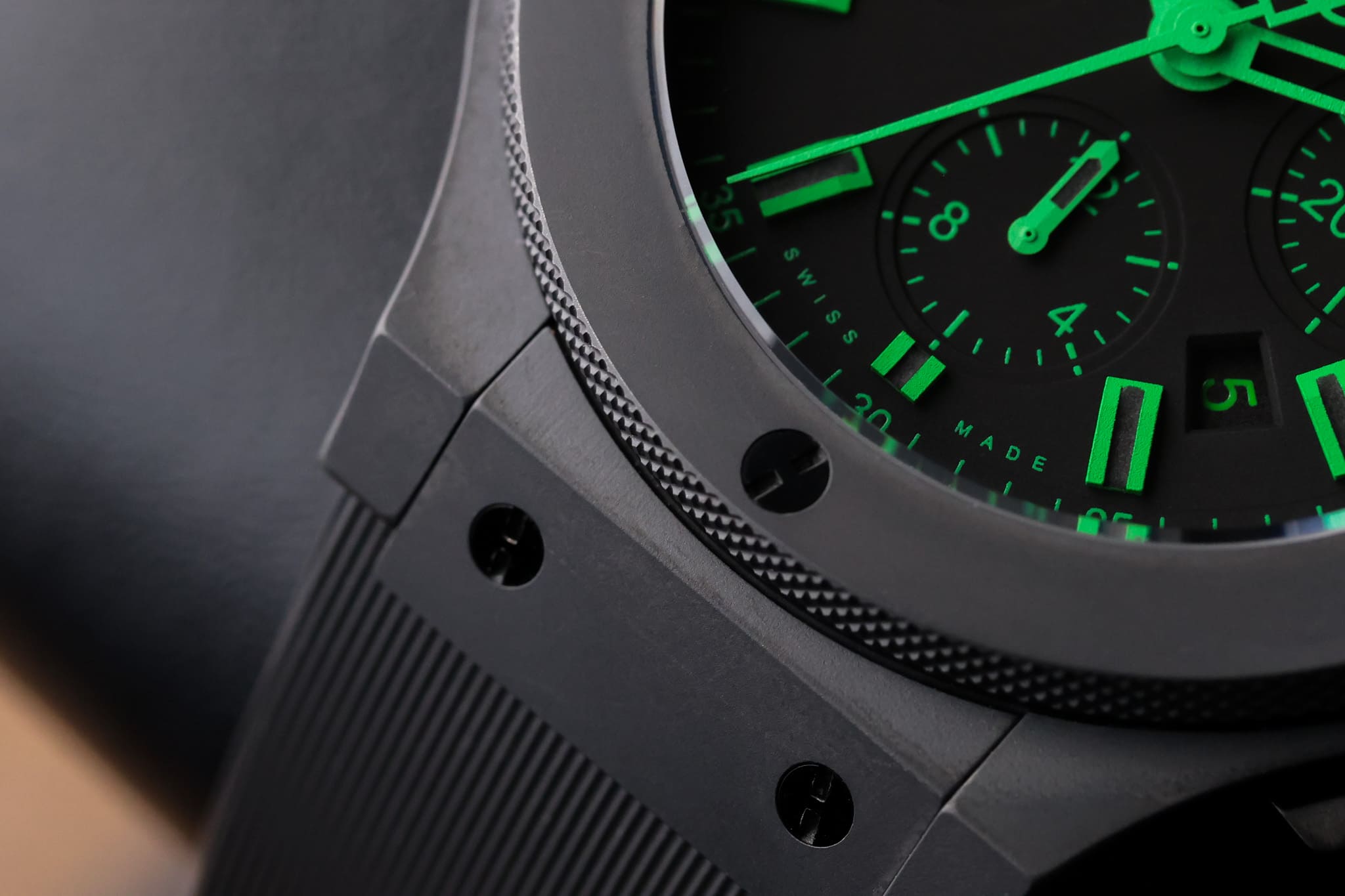Hublot Big Bang All Black Green case and lug detail with rubber strap attached
