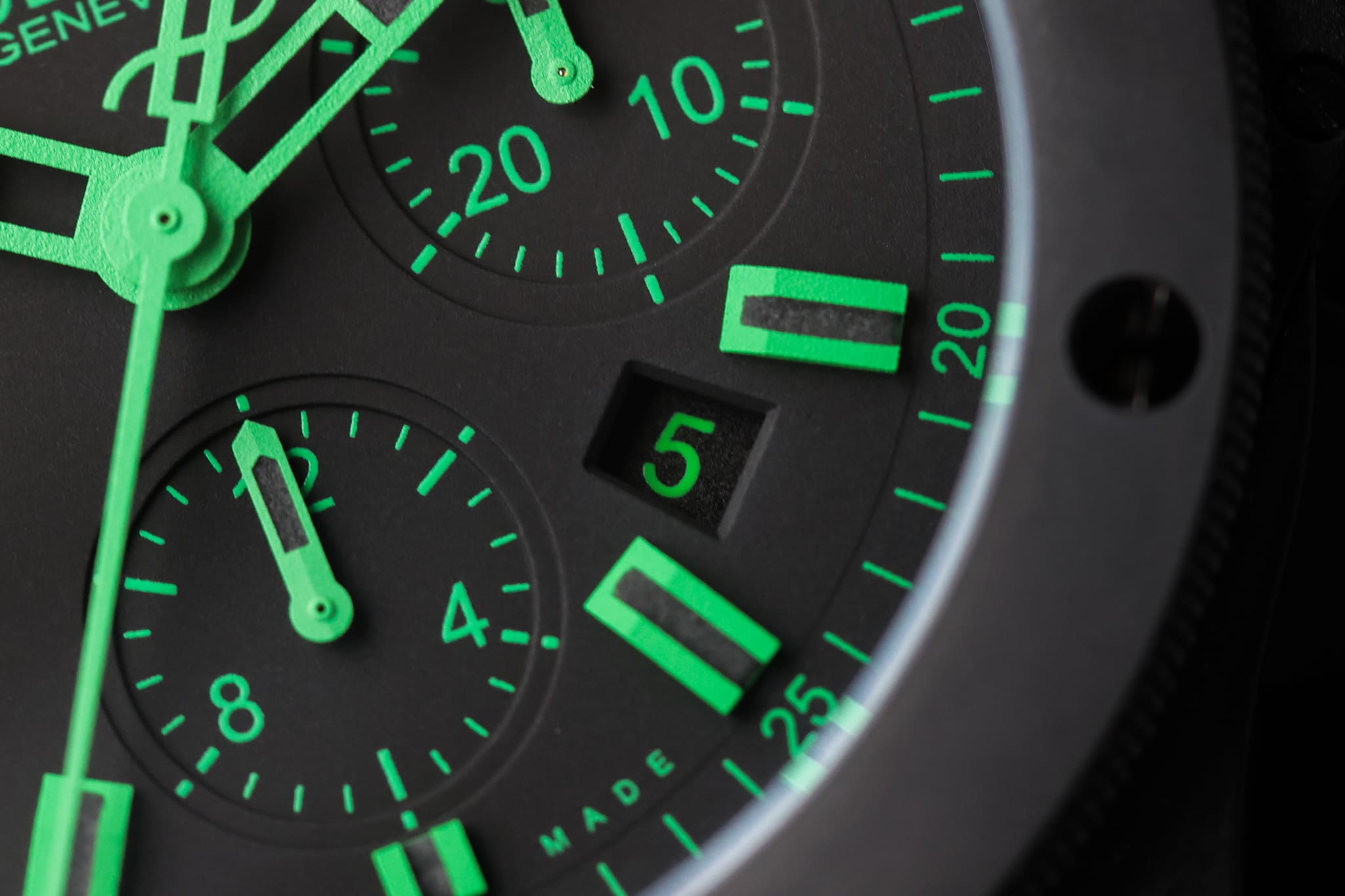 Hublot Big Bang All Black Green chronograph subdial close-up with green accents